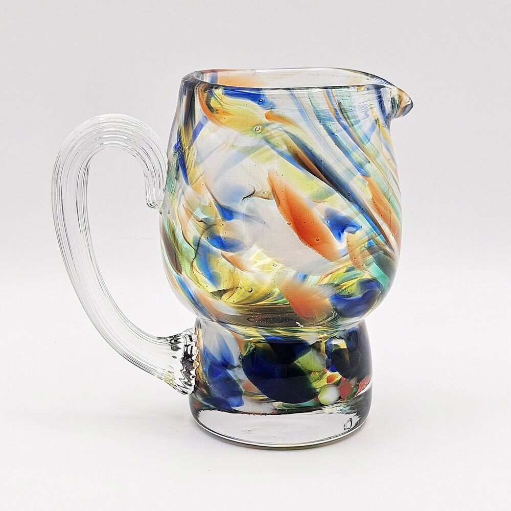 Multicolor Rainbow Swirl Glass Pitcher Mug Handle USSR Vintage Murano-style